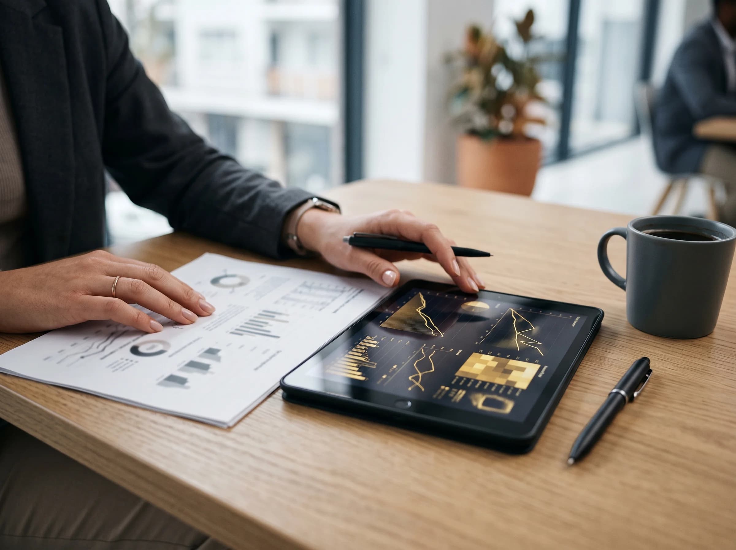 Reviewing a financial forecast and charts on a tablet