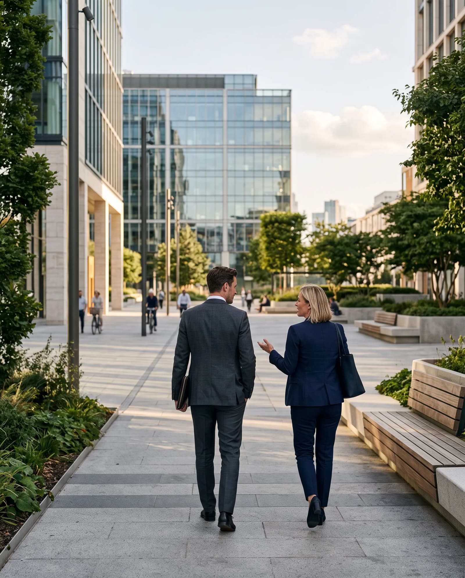 Two professionals walking through a sunlit city plaza