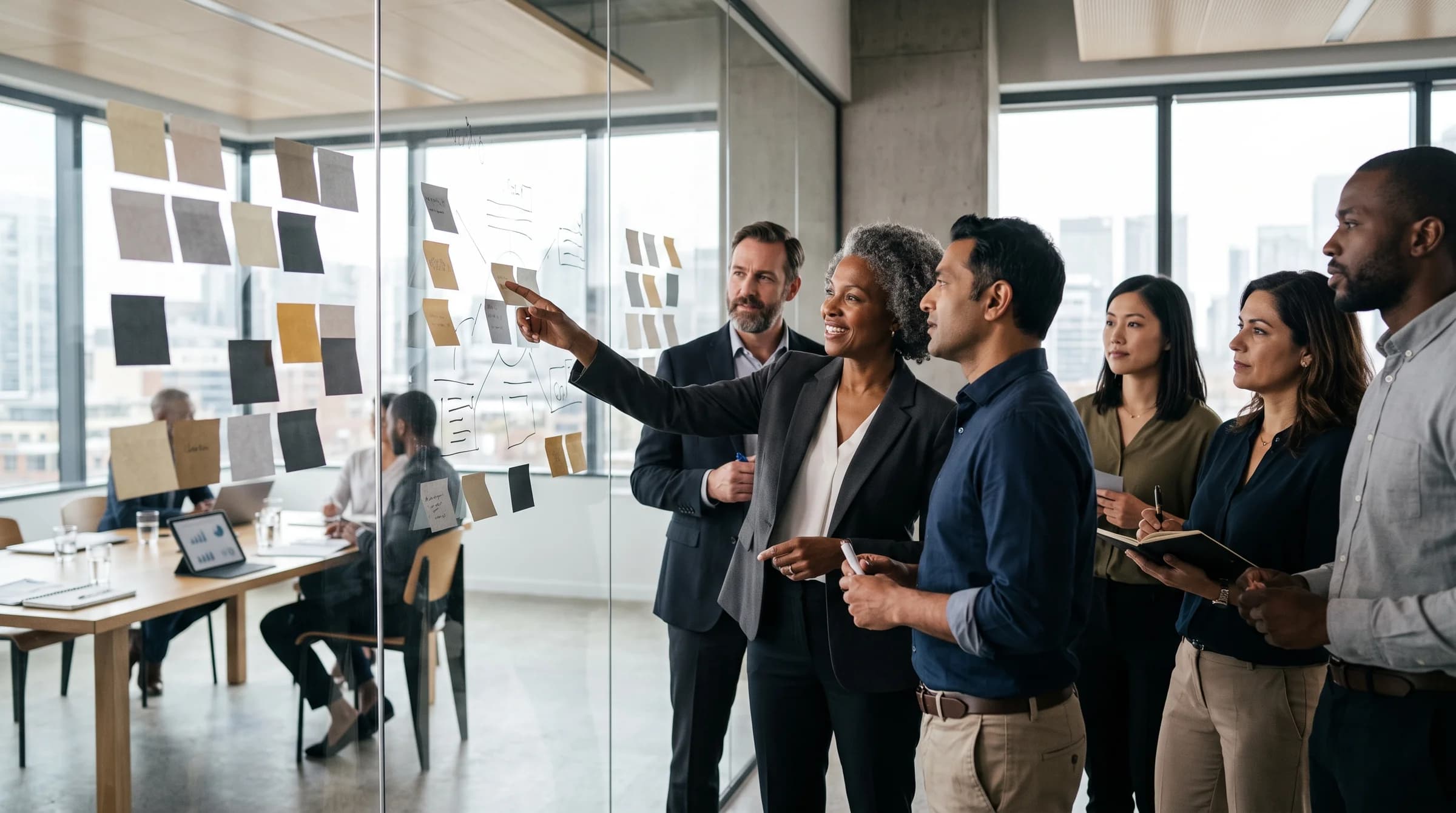 Leadership team mapping ideas on a glass wall during a strategy workshop